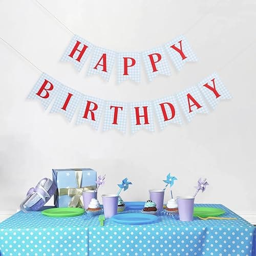 Blue and red Happy Birthday Banner - Happy 1st Birthday decorations, Blue Gingham with Red Letters Happy Birthday Banner thumbnail 2