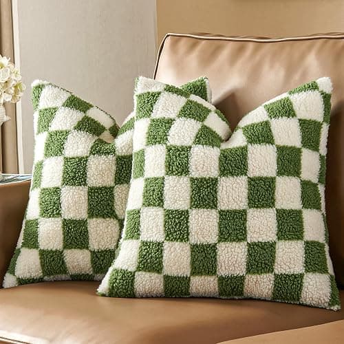 AmHoo Pack of 2 Decorative Throw Pillow Covers Checkerboard Luxury Super Soft Faux Fur Wool Set Case Cushion for Couch Sofa Bedroom 18 x 18-Inch Sage Green thumbnail 2