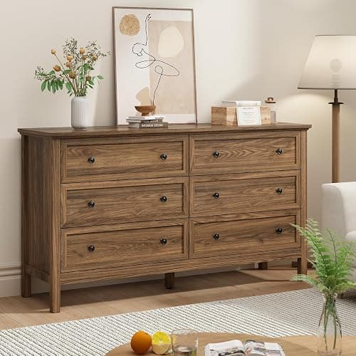 CARPETNAL 55" Walnut Dresser for Bedroom, 6 Drawer Dresser with Wide Drawer and Metal Handles, Wood Dressers & Chests of Drawers for Hallway, Entryway. thumbnail 6