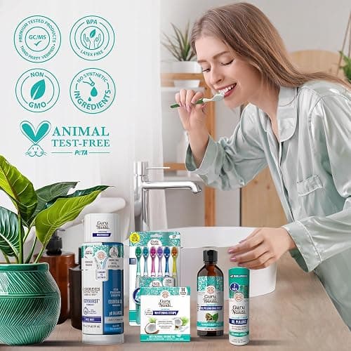 GuruNanda Total Smile Makeover Kit Regular with Cocomint Oil Pulling, Dual Barrel Whitening Mouthwash, Whitening Strips & Butter on Gums Toothbrushes thumbnail 8