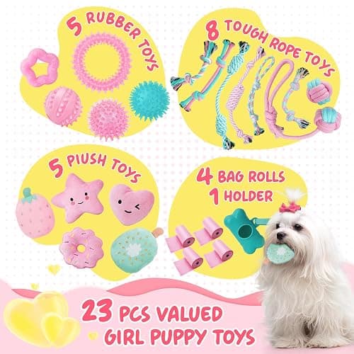 XIUGOAL Pink Puppy Toys for Boredom - 23 Pack Puppy Chew Toys for Teething, Interactive Dog Toys for Puppies, Cute Small Dog Toys with Treat Ball, Squeaky Dog Chew Toys and Ropes thumbnail 3