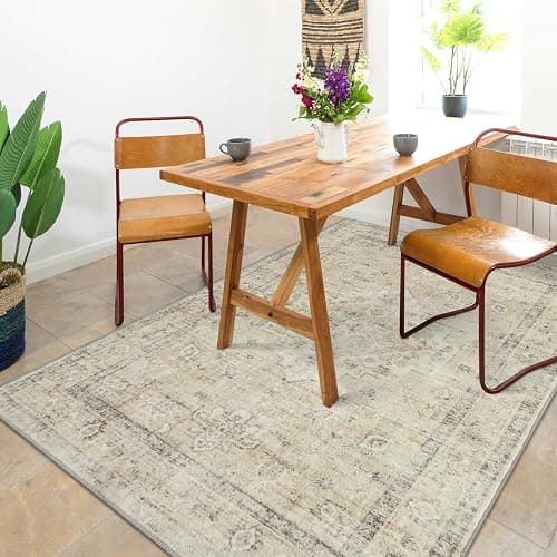 LIVEBOX Bedroom 4x6 Washable Area Rug for Entryway Kitchen, Non-Slip Soft Boho Rugs for Dining Room Office, Farmhouse Low-Pile Neutral Soft Carpet for Nursery Room Playroom, Tan thumbnail 3