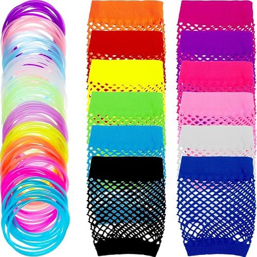 TecUnite 12 Pairs Neon Fingerless Fishnet Gloves and 100 Pieces Multicolor Silicone Jelly Bracelets 80s 90s Accessories for Women Retro Party Favors for Halloween Party Costume Cosplay - Image 1