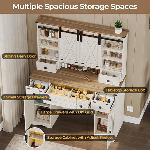 Hasuit Farmhouse Vanity Desk with Mirror and Lights, White Makeup Dressing Table with Charging Station, Rustic Vanity Mirror with Sliding Barn Door, Vanity Table with 3 Lighting Modes Adjustable thumbnail 7