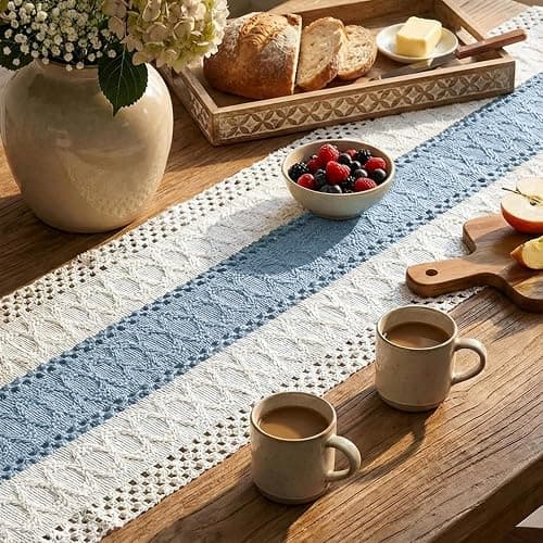 Artoid Mode Sky Blue Farmhouse Rustic Table Runner, Seasonal Holiday Hollow Kitchen Dining Table Decoration for Home Party Decor 12x72 Inch thumbnail 3