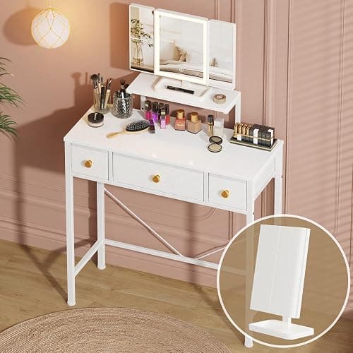HIGDBFE Vanity Desk with Mirror & Lights and 3 Fabric Drawers, Makeup Vanity Table with Adjustable Stand, Dressing Vanity Table for Bedroom, Computer Desk for Small Spaces, 27.5''W, White - Image 1