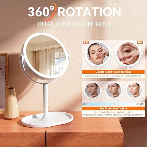 Auxmir Specchio Trucco con Luci 30X/1X Bifacciale, Specchio Ingranditore 8", Specchio da Tavolo Ricaricabile 2000mAh, 3 Colori di Luci 64 LED Rotazione a 360° Smontabile per Camera da Letto, Viaggio thumbnail 7