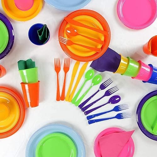 350 Pcs Purple Plastic Plates For Party, Purple Disposable Plates Set, 50 Of Each 9" Dinner Plate Set, 7" Dessert Plate, Cups, Napkins & Cutlery Plastic Dinnerware Set Exquisite thumbnail 7