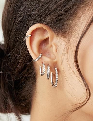 5 Pairs Stacking Huggie Hoop Earrings for Women, Cubic Zirconia 14K Gold Plated 316L SurgicalSteel, Hypoallergenic Cartilage Earrings for Multi-Piercing (13-23mm) thumbnail 2