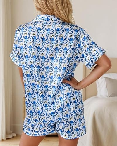HINFEL Women Y2k Pajamas Set Silk Satin Short Sleeve Button Down Top and Shorts Monkey Sleepwear Preppy Bridal Loungewear thumbnail 6