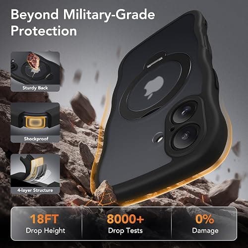 GolbinBox for iPhone 16 Case, [Compatible with Magsafe][360° Spin Magnetic Stand][Military-Grade Protection][Camera Control][Cute Wave Edge] Translucent Matte Women Phone Cover for iPhone 16, Black thumbnail 6