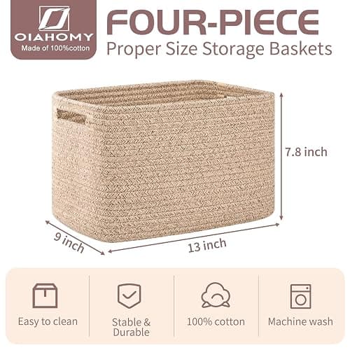 OIAHOMY 4 Pack Storage Baskets for Organizing, Rectangle Cube Storage Bins for Shelves, Woven Baskets With Handles, 12.7''Lx9''Wx7.8''H, Brown, thumbnail 3