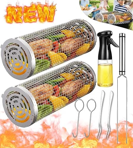 Rolling Grilling Baskets for Outdoor Grill Bbq Net Tube Stainless Steel Large Round Mesh Rotation Barbecue Cylinder Cage Cooking Accessories for Veggies Vegetable Fish Meat Food Camping, Gift for Men - Image 1