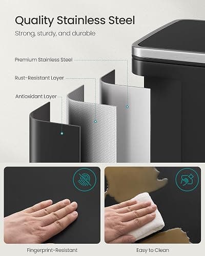 SONGMICS Kitchen Bin 50 L, with 15 Bin Bags, Stainless Steel, Removable Plastic Inner Bucket, with Lid, Handles, Soft Close, Ink Black LTB595B01 thumbnail 5