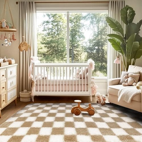Ecoshag Soft Rugs for Living Room, 2x6 Ft Beige and White Checkered Fluffy Shaggy Rugs for Indoor Use, High Pile Ultra Fuzzy Rug for Bedroom Kids Nursery Rooms,Home Decor Aesthetic thumbnail 4