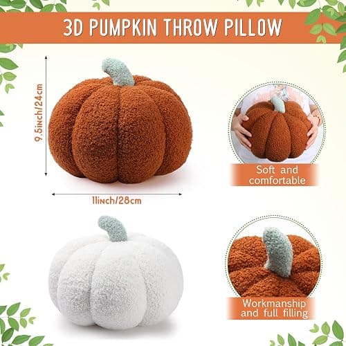 Kajaia 2 Pcs 3D Pumpkin Pillow Fall Decor Cushions,White, Brown | 11 x 9.5 Inch Stuffed Fall Throw Pillows, Room & Bedroom Home Decor for Fall Halloween Thanksgiving Sofa Couch thumbnail 2
