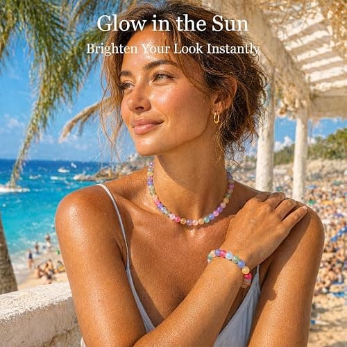 Peraca Cris Dopamine Necklace UV Reactive Colorful Rainbow Beaded Necklace Dopamine Jewelry Set Color Changing Mood Necklaces Bracelet Earrings Summer Beach Vacation Gift for Women thumbnail 4