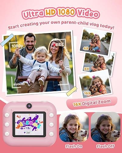 Instant Camera, Front Rear Dual Selfie Kids Camera with 1080P Videos, Holiday Birthday Gifts for Kids Age 3-12, Toddler Portable Travel Print Digital Camera Toy for 4 5 6 7 8 9 Year Boys Girls - Pink thumbnail 4