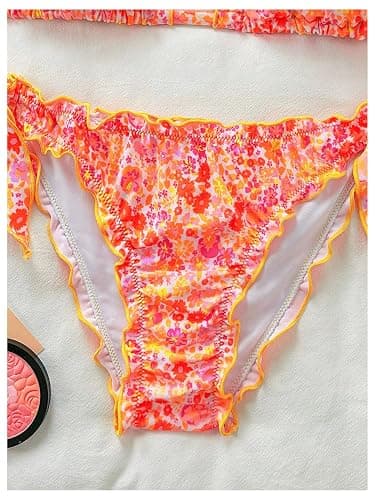 BEAUDRM Women's 2 Piece String Bikini Sets Floral Print Ruffled Halter Tie Backless Thong Swimsuits Bathing Suit thumbnail 4