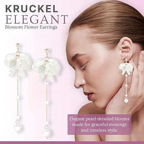 KRUCKEL White Pressed Flower Dangle Earrings | Golden Studs with Pearl like Drops | Hypoallergenic, Lightweight Jewelry for Women | Sparkle at Birthday, Anniversary, Graduation, Wedding thumbnail 4