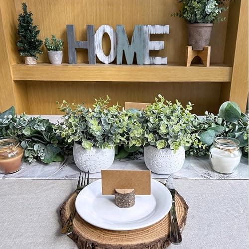 Winlyn Set of 2 Small Artificial Potted Plants Faux Eucalyptus Plant in White Geometric Ceramic Pots Small Desk Potted Plants 7.1" Tall for Home Office Room Decorations Wedding Greenery Centerpiece thumbnail 2