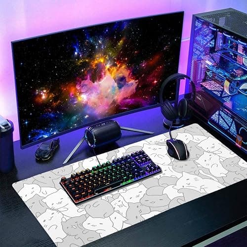 aportt Kawaii Cats White Gaming Mouse Pad XXL Cute Kittens Japanese Extended Big Large Desk Mat Non-Slip Rubber Base Stitched Edge Long Keyboard Mousepad for PC Computer Laptop, 35.4×15.7 Inches thumbnail 2