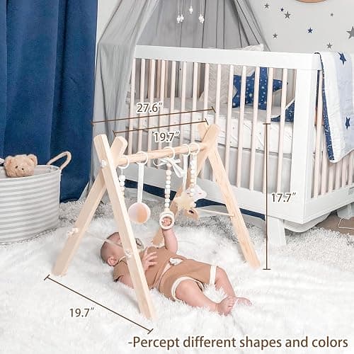 Wooden Baby Gym with 6 Gym Toys, Foldable Baby Play Gym, Natural Pine Wood Play Gym, Frame Activity Center Hanging Bar, Wooden Play Gym - wooden play gym thumbnail 5
