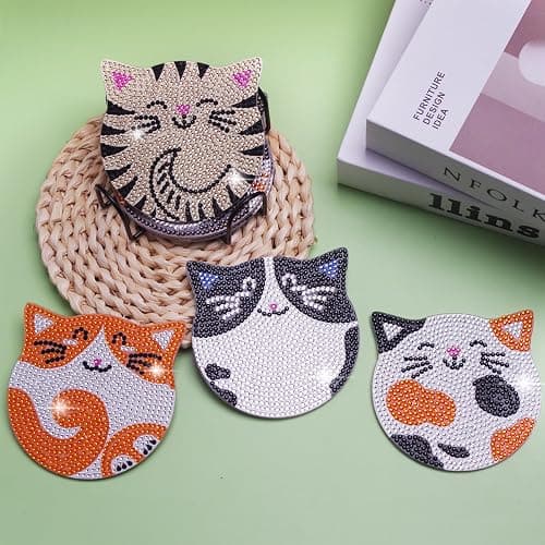 Vcekract Diamond Painting Coasters Kits, 6 Pcs Cat Diamond Art Coasters with Holder, Crafts Kits for DIY Coasters, Diamond Art Kits for Adults thumbnail 5