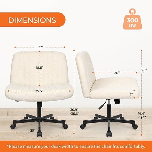 Orange Factory Criss Cross Chair Wheels Wide Cross Legged Office Desk Vanity Chair Comfy Fabric Armless Adjustable Swivel for Home Computer Task (Beige Wheel, Fabric) thumbnail 2