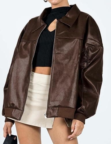 EsheSy Women's Oversized Leather Jacket Faux Suede Boyfriend Motorcycle Full Zip Bomber Jacket thumbnail 5