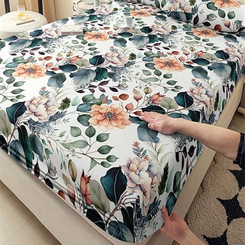 LweiPsqLin Full Size Fitted Sheet - Floral Brushed Microfiber Bed Sheet with 15 Inch Deep Pocket Elastic Edges - Shrink & Fade Resistant, Botanical Print Bedding thumbnail 4