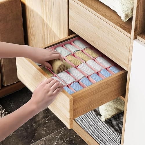 Joyoldelf Sock Organizer Drawer Organizer - 2 Packs Underwear Organizer, 24 Cells Collapsible Closet Organizers and Storage Sock Holders Organizers for Storing Socks, Ties, Belts(Pink) thumbnail 4
