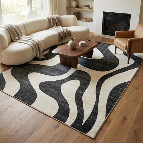 Rug Branch Elliot 7' x 10' (6'7" x 9'6") Black/White Abstract Wave Area Rug, Contemporary, Medium Pile, Stain-Resistant Carpet - Living Room, Bedroom, Dining Room, and Kitchen thumbnail 5