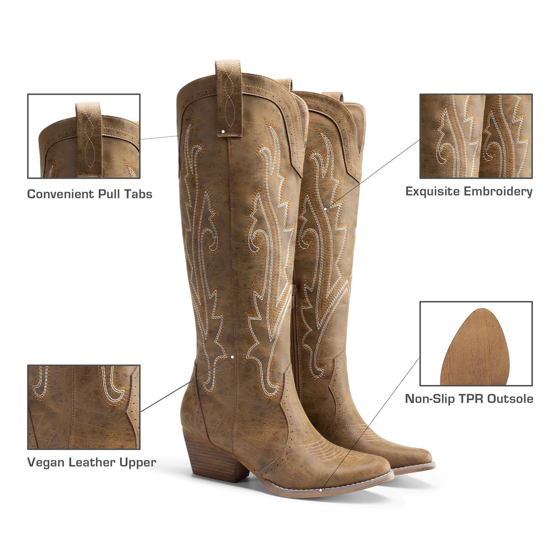 DREAM PAIRS Botas Vaqueras para Mujer hasta Las Rodilla, Cowboy Boots para Dama con Tacón thumbnail 6