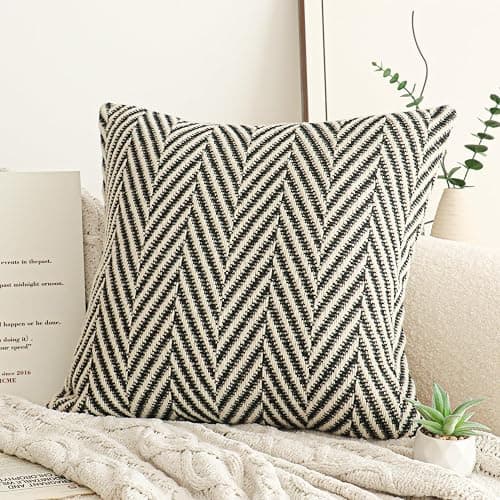 Jonhier Black White Chevron Square Throw Pillow Cover, Boho Farmhouse Geometric Pattern Cushion Cover, Mid Century Accent Decorative Pillowcase for Sofa Couch Bedroom Living Room, 18 x 18 inch thumbnail 2