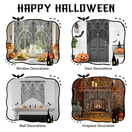 ZeeDix 2 Pcs Halloween Lace Curtains Black Skull Tassel Window Door Curtain | 2 Pcs Black Lace Skull Curtains For Halloween Window, Door, Mantel & Wall, Great For Halloween Party Decor, Party Supplies thumbnail 4
