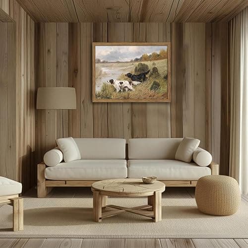 Wood Framed Vintage Dog Wall Art, Retro Country Hunting Dog Animal Canvas Wall Decor Paintings, Antique Rustic Farmhouse River Landscape Posters Prints Pictures for Living Room Gallery 16x24 Inch thumbnail 6