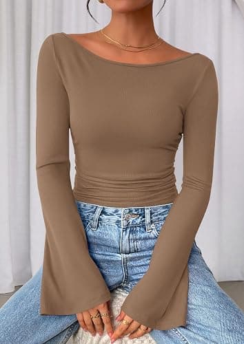 PRETTYGARDEN Womens Long Sleeve Shirts 2026 Spring Crop Going Out Tops Casual Boat Neck Bell Sleeve Ribbed Ruched Y2K Clothes thumbnail 5