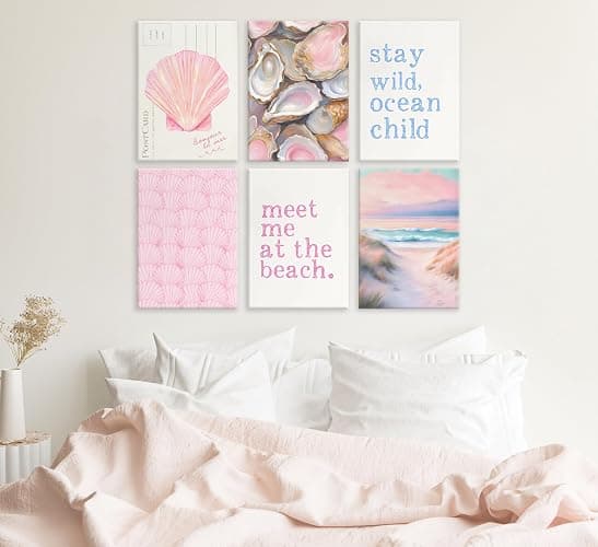Pink Beach Preppy Canvas Wall art Coastal Granddaughter Aesthetic Room Painting Picture Wall Decor Shells Oyster Poster Print Artwork for Girls Room Girls Dorm Home Decoration thumbnail 3