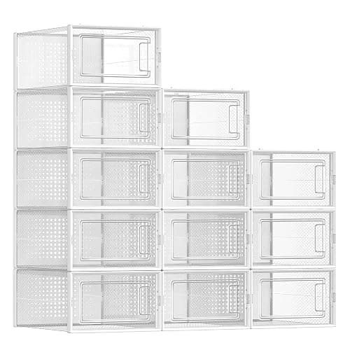 SONGMICS Shoe Boxes, Pack of 12 Shoe Storage Organizers, Stackable Clear Plastic Boxes for Closet, Sneakers, 13.1 x 9.1 x 5.6 Inches, Transparent and White ULSP12SWT - Image 1