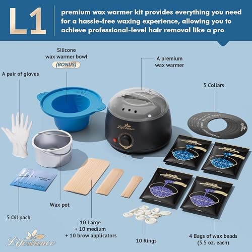 Lifestance Complete Home Waxing Kit, L1 Hard Wax Warmer for Hair Removal, Brazilian Bikini Wax Kit for Women Men, 59 Items, No-Mess Silicone Liner, Wax Heater, Hot Wax Pot for Body Leg Face Eyebrow thumbnail 2