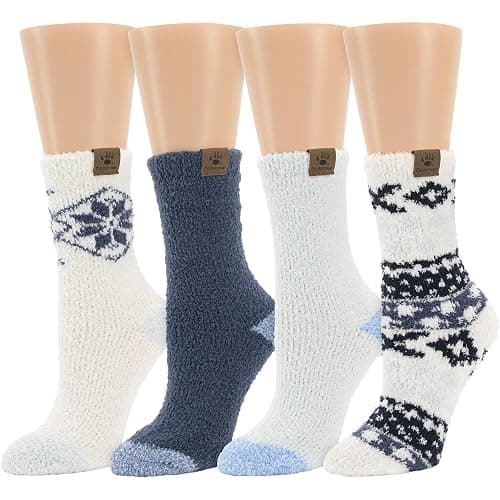 BEARPAW 4 Pair Pack Cozy Super Soft Lounge Socks Multi Pattern Crew Socks - Image 1