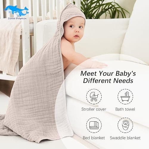 SWEET DOLPHIN Muslin Hooded Baby Bath Towels - 2 Pack 100% Cotton Towel for Babies, Infants, Toddlers - 32x32Inch - Highly Absorbent and Newborn Essential, Light Bean Paste thumbnail 5