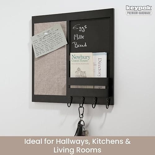keypak Wall Mounted Memo Board with Shelf & Letter Holder - Black Chalkboard Organiser With 4 Key Hooks For Hallways, Kitchens & Entryways thumbnail 4
