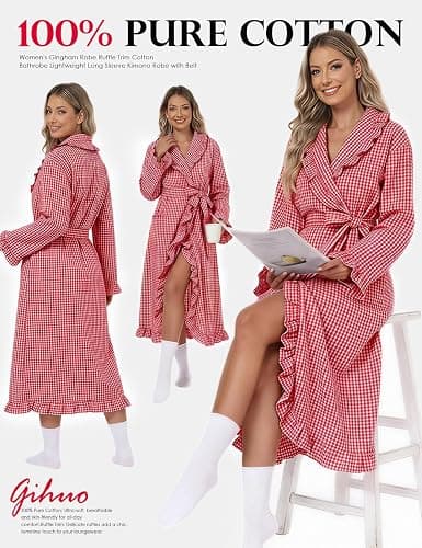 Gihuo Cotton Robes for Women Gingham Long Sleeve Ruffle Trim Bathrobe | Womens Robes Lightweight, Summer Robe, Plaid Bathrobe, Loungewear Sleepwear, Checkered Ruffle Housecoat thumbnail 7