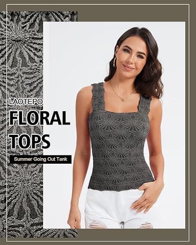 Women's Square Neck Wide Strap Crop Tank Tops Slim Fit Sleeveless Going Out Top Flower Lettuce Trim Cami Tops - Small - Dark Gray thumbnail 2