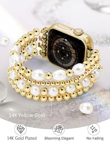 JR.DM Gold Beaded Bracelet Bands Women Compatible with Apple Watch 40mm 42mm(S10/11) 41mm 38mm Dressy Fancy Stretchy Elastic Jewelry Strap Replacement for iWatch Series 11/10/9/8/7/6/5/4/3/2/1/SE thumbnail 5