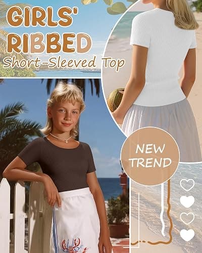 Mumucove 4 Pack Girls' Ribbed T-Shirts | Short Sleeve, Soft, Crew Neck, Slim Fit, Tween Tops, Basic Tees, Summer, Kids 5-14 Years thumbnail 3