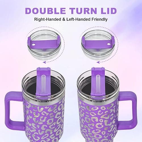 FECBK 40 oz Tumbler with Handle and Straw, 100% Leak-Proof Travel Mug, Stainless Steel Double Wall Vacuum Insulated Coffee Cup Keeps Cold For 34 Hours, Dishwasher Safe, Purple Leopard thumbnail 6
