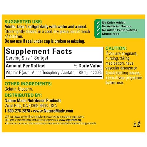 Vitamin E 180 mg (400 IU) dl-Alpha Softgels, 180 Count for Antioxidant Support thumbnail 5
